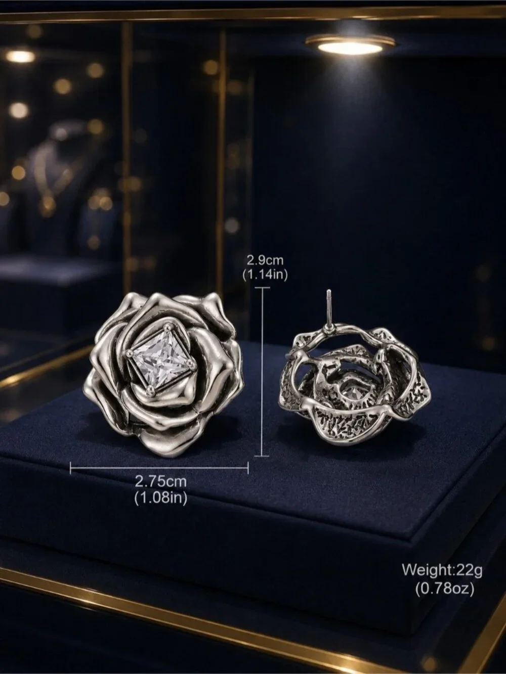 Silver Rose Stud Earrings with Clear Square Crystal - Women Jewelry